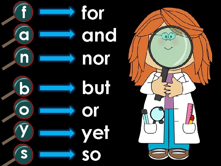 f a n for and nor b o y s but or yet so