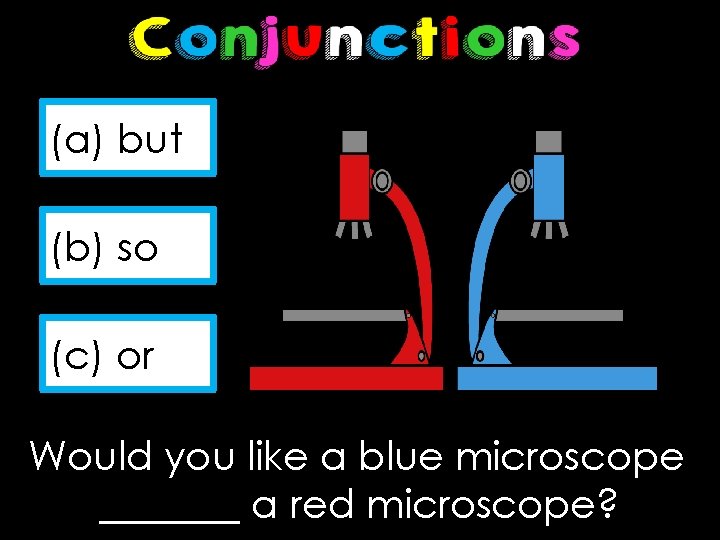 (a) but (b) so (c) or Would you like a blue microscope _______ a