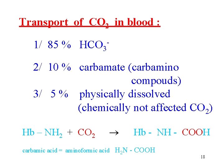 Transport of CO 2 in blood : 1/ 85 % HCO 32/ 10 %