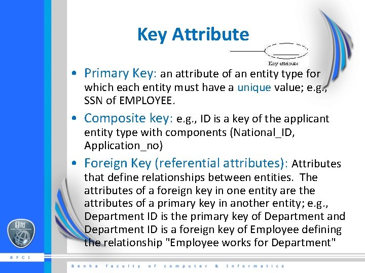 Key Attribute • Primary Key: an attribute of an entity type for which each