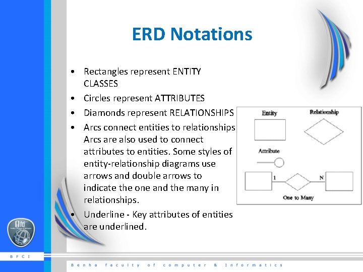 ERD Notations • Rectangles represent ENTITY CLASSES • Circles represent ATTRIBUTES • Diamonds represent