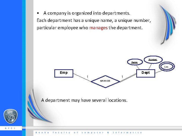  • A company is organized into departments. Each department has a unique name,