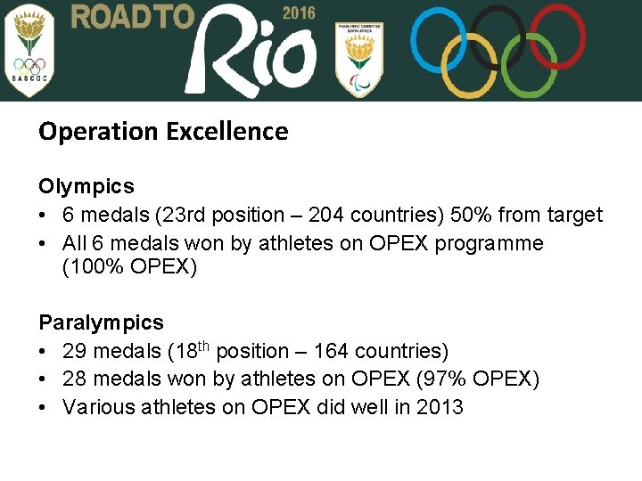 Operation Excellence Olympics • 6 medals (23 rd position – 204 countries) 50% from