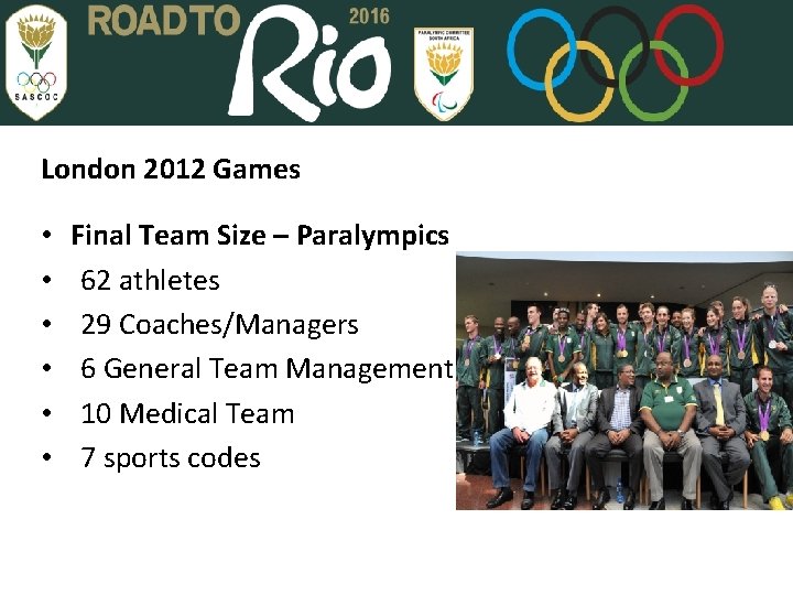 London 2012 Games • • • Final Team Size – Paralympics 62 athletes 29