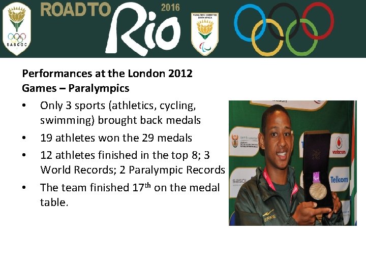Performances at the London 2012 Games – Paralympics • Only 3 sports (athletics, cycling,
