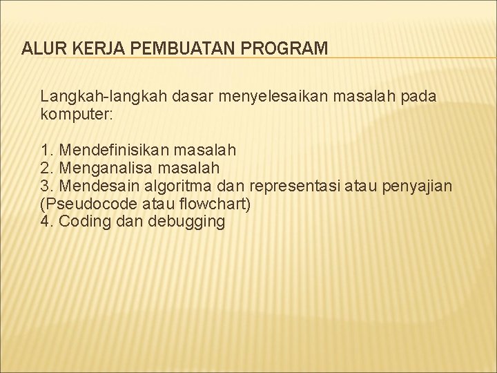 ALUR KERJA PEMBUATAN PROGRAM Langkah-langkah dasar menyelesaikan masalah pada komputer: 1. Mendefinisikan masalah 2.