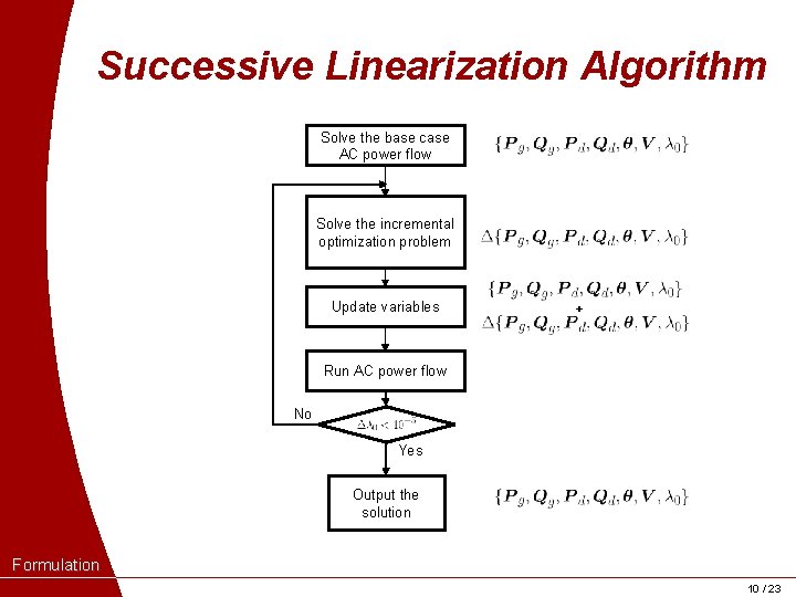 Successive Linearization Algorithm Solve the base case AC power flow Solve the incremental optimization