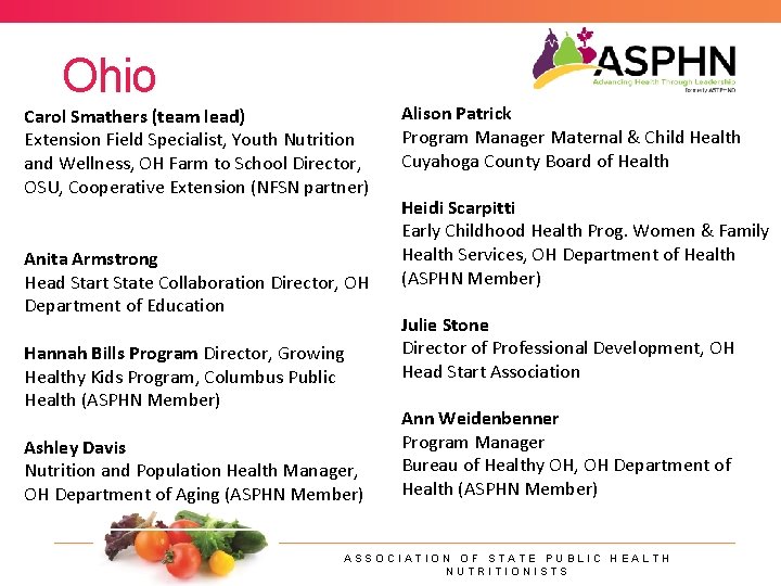 Ohio Carol Smathers (team lead) Extension Field Specialist, Youth Nutrition and Wellness, OH Farm