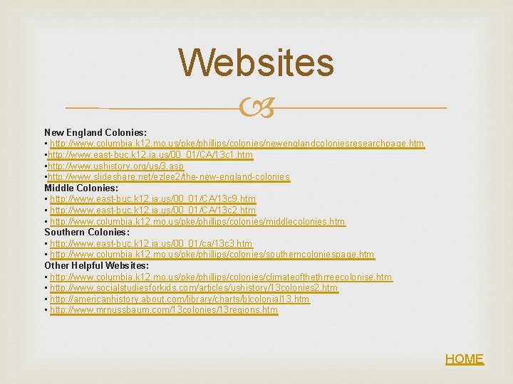Websites New England Colonies: • http: //www. columbia. k 12. mo. us/pke/phillips/colonies/newenglandcoloniesresearchpage. htm •