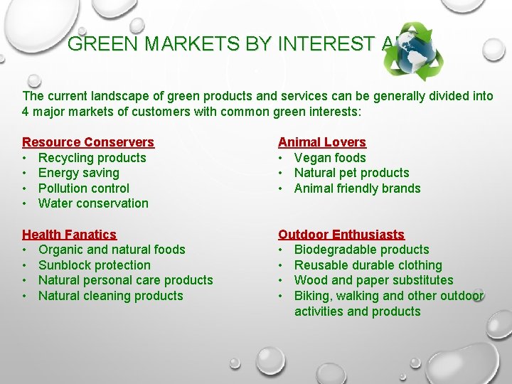 GREEN MARKETS BY INTEREST AREA The current landscape of green products and services can
