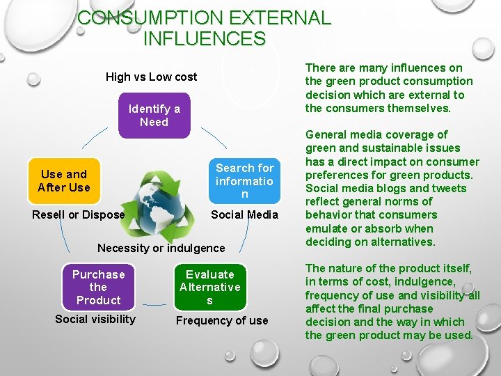 CONSUMPTION EXTERNAL INFLUENCES There are many influences on the green product consumption decision which