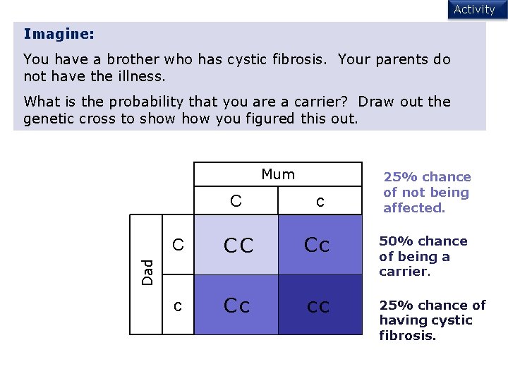 Activity Imagine: You have a brother who has cystic fibrosis. Your parents do not