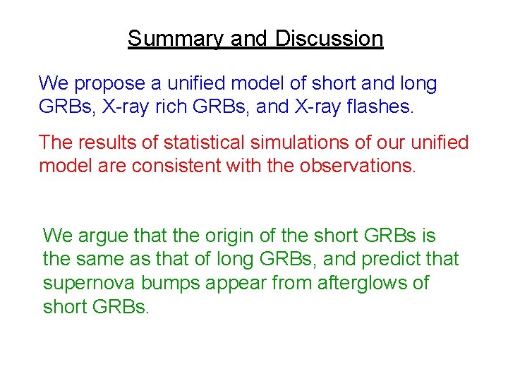 Summary and Discussion We propose a unified model of short and long GRBs, X-ray