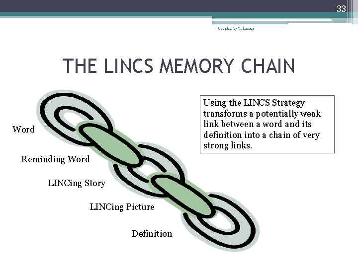 33 Created by T. Lanier THE LINCS MEMORY CHAIN Using the LINCS Strategy transforms