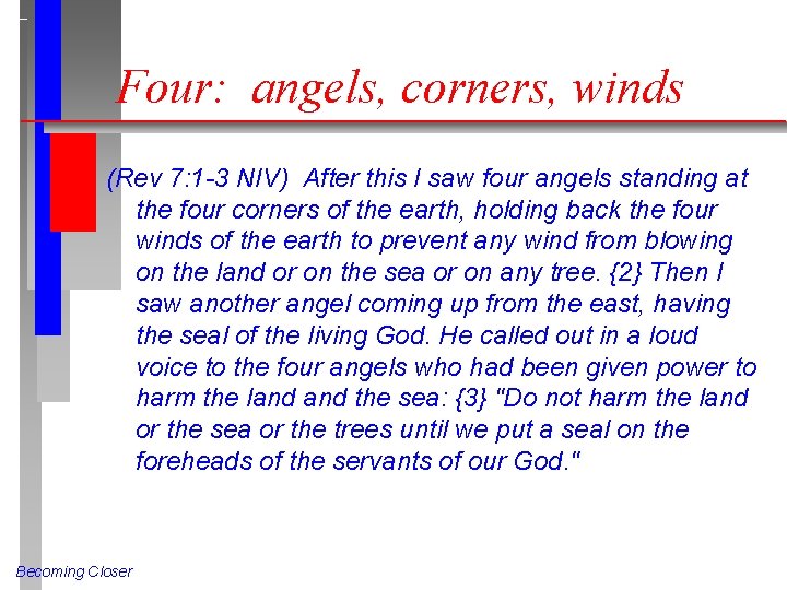 Four: angels, corners, winds (Rev 7: 1 -3 NIV) After this I saw four