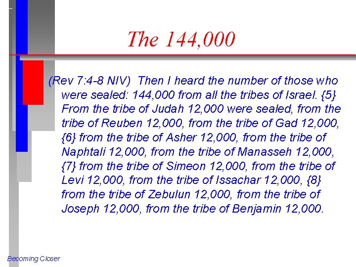 The 144, 000 (Rev 7: 4 -8 NIV) Then I heard the number of