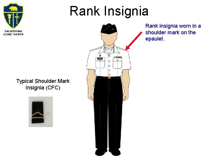 Rank Insignia Rank insignia worn in a shoulder mark on the epaulet. Typical Shoulder