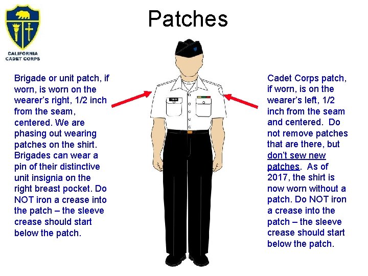 Patches Brigade or unit patch, if worn, is worn on the wearer’s right, 1/2 Patches Brigade or unit patch, if worn, is worn on the wearer’s right, 1/2