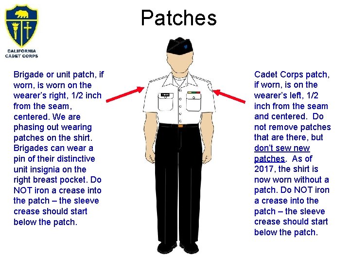 Patches Brigade or unit patch, if worn, is worn on the wearer’s right, 1/2