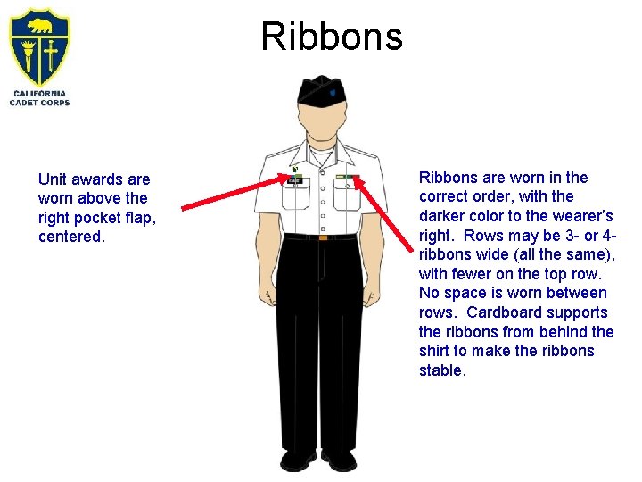 Ribbons Unit awards are worn above the right pocket flap, centered. Ribbons are worn