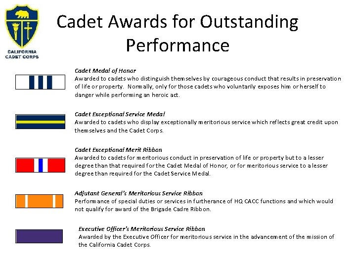 Cadet Awards for Outstanding Performance Cadet Medal of Honor Awarded to cadets who distinguish