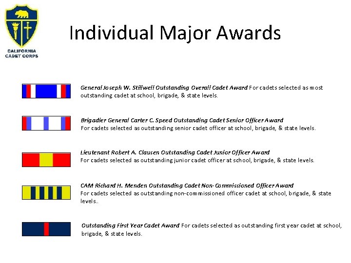 Individual Major Awards General Joseph W. Stillwell Outstanding Overall Cadet Award For cadets selected