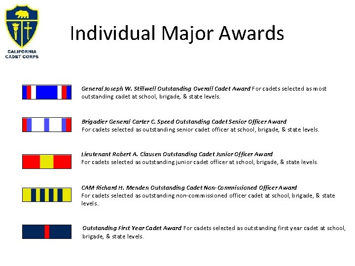 Individual Major Awards General Joseph W. Stillwell Outstanding Overall Cadet Award For cadets selected Individual Major Awards General Joseph W. Stillwell Outstanding Overall Cadet Award For cadets selected