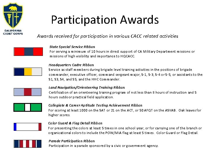 Participation Awards received for participation in various CACC related activities State Special Service Ribbon