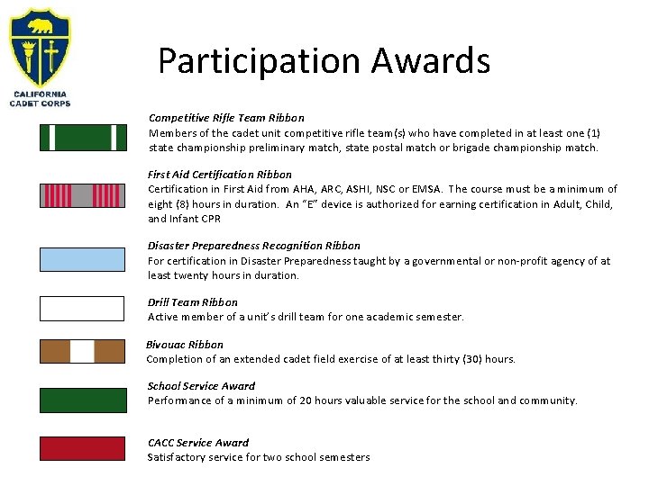 Participation Awards Competitive Rifle Team Ribbon Members of the cadet unit competitive rifle team(s) Participation Awards Competitive Rifle Team Ribbon Members of the cadet unit competitive rifle team(s)