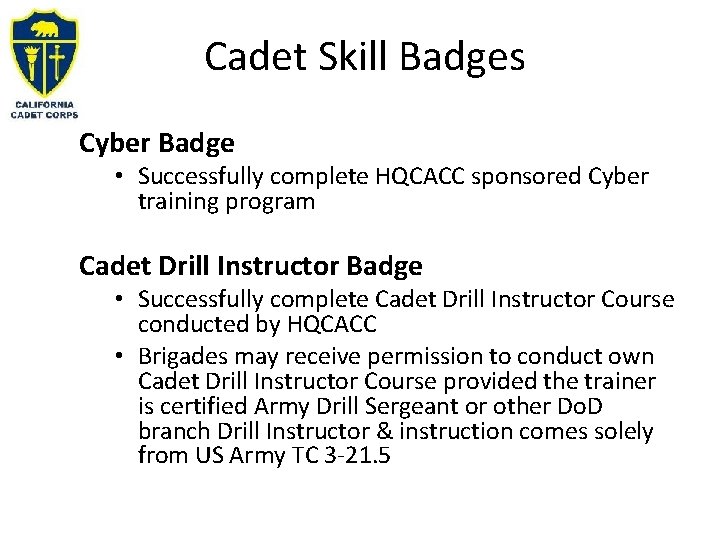 Cadet Skill Badges Cyber Badge • Successfully complete HQCACC sponsored Cyber training program Cadet