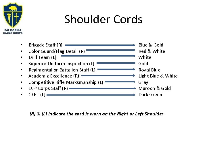 Shoulder Cords • • • Brigade Staff (R) Color Guard/Flag Detail (R) Drill Team Shoulder Cords • • • Brigade Staff (R) Color Guard/Flag Detail (R) Drill Team