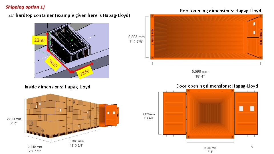 Shipping option 1) 20’ hardtop container (example given here is Hapag-Lloyd) Roof opening dimensions: