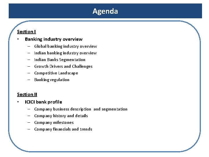 Agenda Section I • Banking industry overview – – – Global banking industry overview