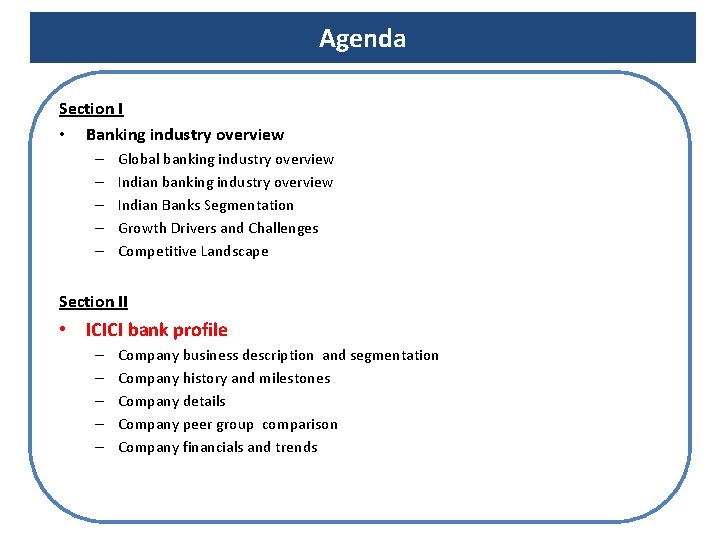 Agenda Section I • Banking industry overview – – – Global banking industry overview