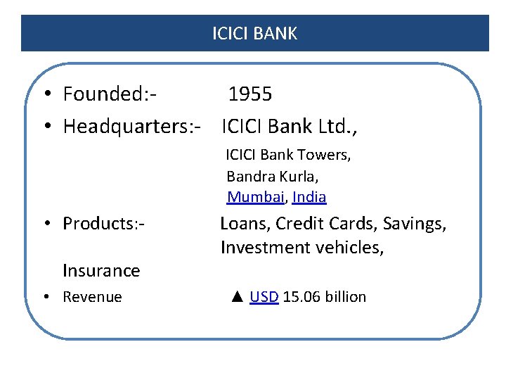 ICICI BANK • Founded: - 1955 • Headquarters: - ICICI Bank Ltd. , ICICI