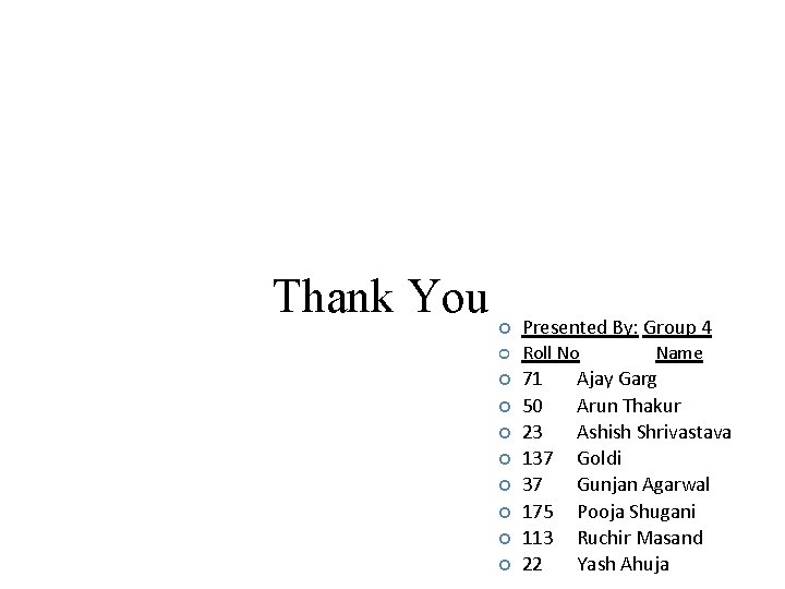 Thank You Presented By: Group 4 Roll No 71 50 23 137 37 175 Thank You Presented By: Group 4 Roll No 71 50 23 137 37 175
