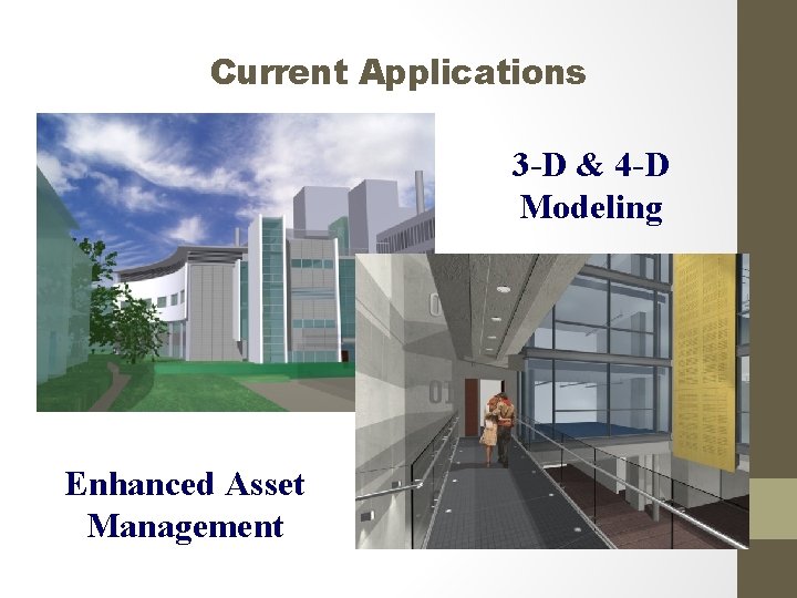 Current Applications 3 -D & 4 -D Modeling Enhanced Asset Management 