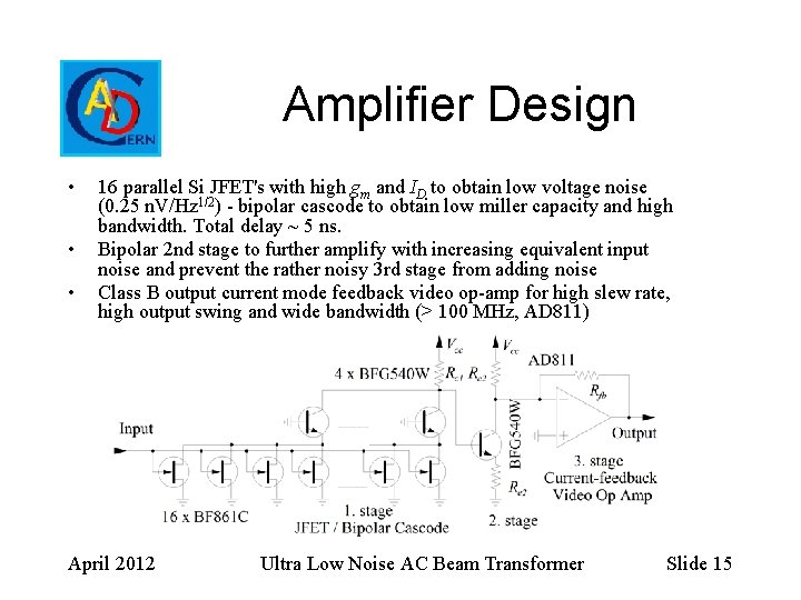 Amplifier Design • • • 16 parallel Si JFET's with high gm and ID