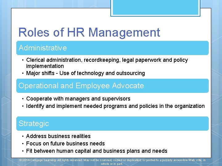 Roles of HR Management Administrative • Clerical administration, recordkeeping, legal paperwork and policy implementation