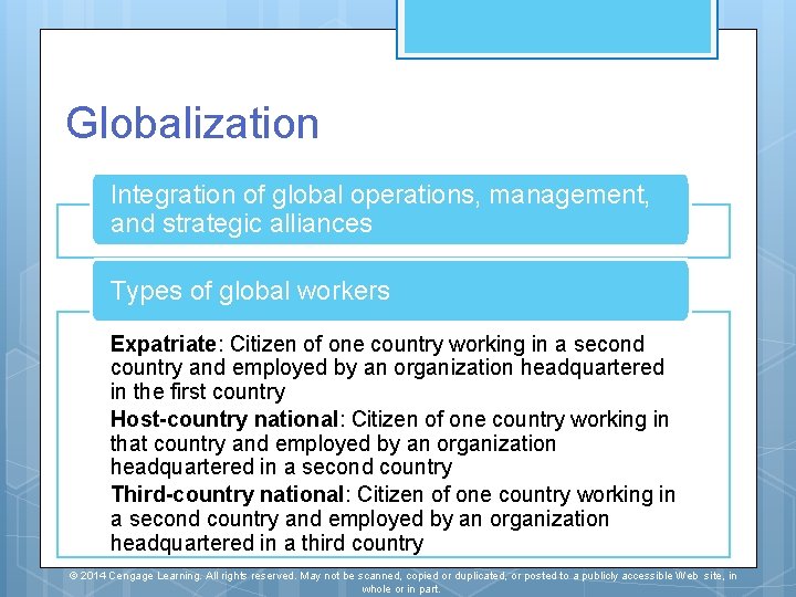 Globalization Integration of global operations, management, and strategic alliances Types of global workers Expatriate:
