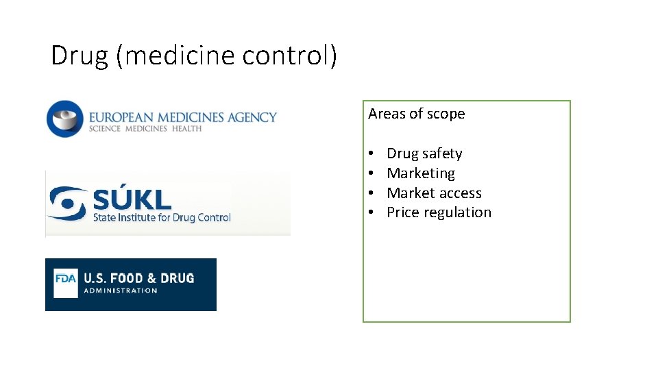 Drug (medicine control) Areas of scope • • Drug safety Marketing Market access Price