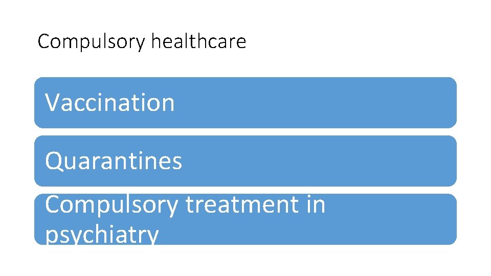 Compulsory healthcare Vaccination Quarantines Compulsory treatment in psychiatry 