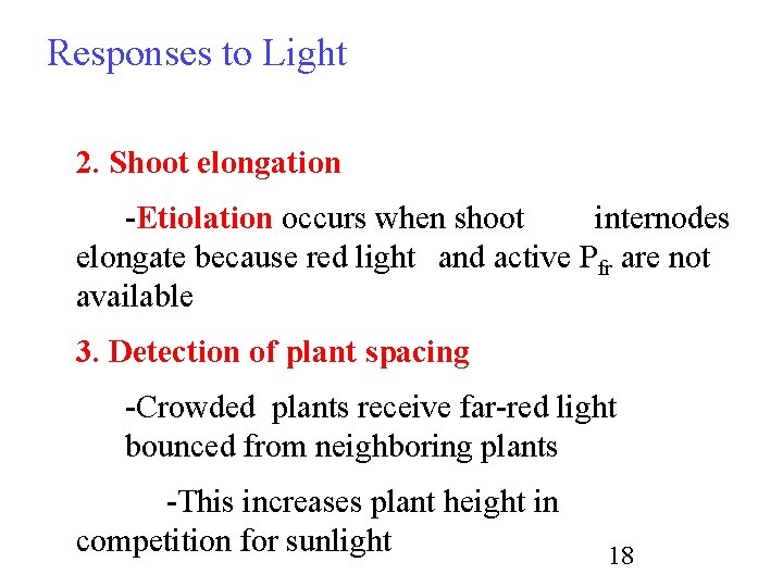 Responses to Light 2. Shoot elongation -Etiolation occurs when shoot internodes elongate because red