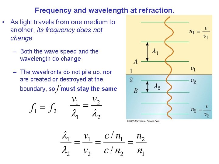 Frequency and wavelength at refraction. • As light travels from one medium to another,