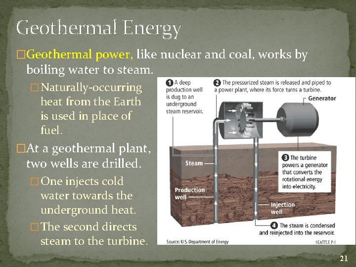 Geothermal Energy �Geothermal power, like nuclear and coal, works by boiling water to steam.