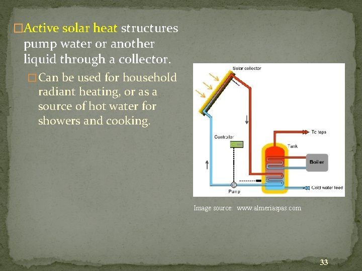 �Active solar heat structures pump water or another liquid through a collector. � Can
