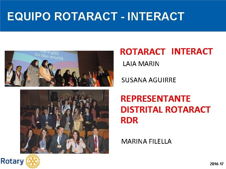 EQUIPO ROTARACT - INTERACT ROTARACT INTERACT LAIA MARIN SUSANA AGUIRRE REPRESENTANTE DISTRITAL ROTARACT RDR