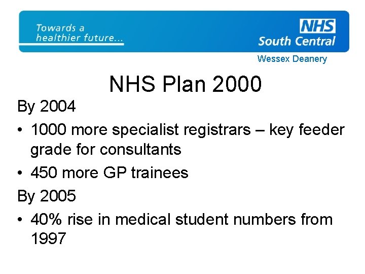 Wessex Deanery NHS Plan 2000 By 2004 • 1000 more specialist registrars – key
