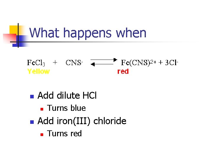 What happens when n Add dilute HCl n n Turns blue Add iron(III) chloride