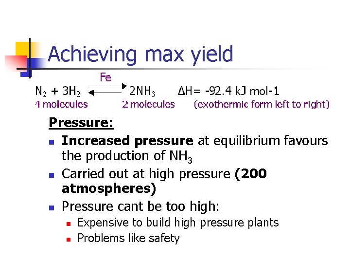 Achieving max yield Pressure: n Increased pressure at equilibrium favours the production of NH